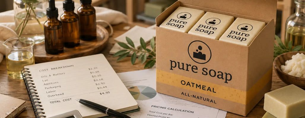 
            Private-label soap packaging, cost breakdown notes, calculator, and finished bars used to plan soap profit margins.
          