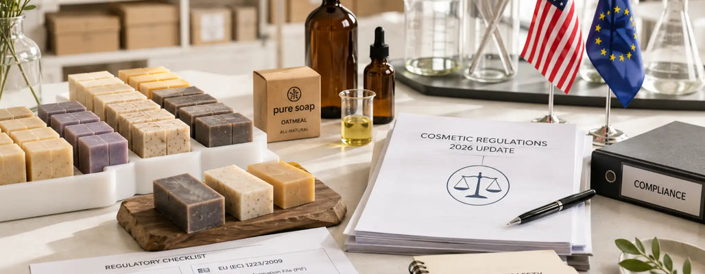 
            Soap products, US and EU flags, lab glassware, compliance binder, and regulatory checklist for cosmetics regulation planning.
          