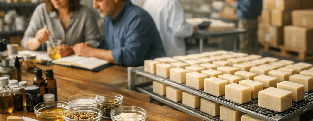 A small team works together on custom natural soap production, mixing ingredients and reviewing formulas while rows of soap bars cure nearby