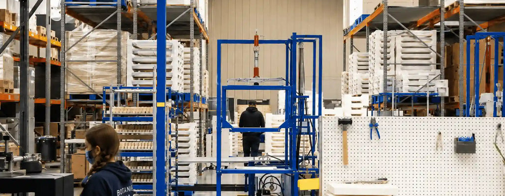 Soap manufacturing facility with workers, curing racks, production equipment, and organized storage systems for large-scale soap production.