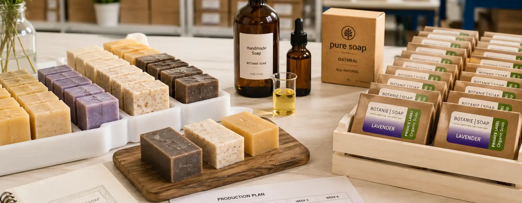 Private-label soap bars, packaging, oils, and production schedule showing mid-size soap manufacturing for custom formulas and scalable volume.