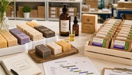 Private-label soap bars, packaging, oils, and production schedule showing mid-size soap manufacturing for custom formulas and scalable volume.