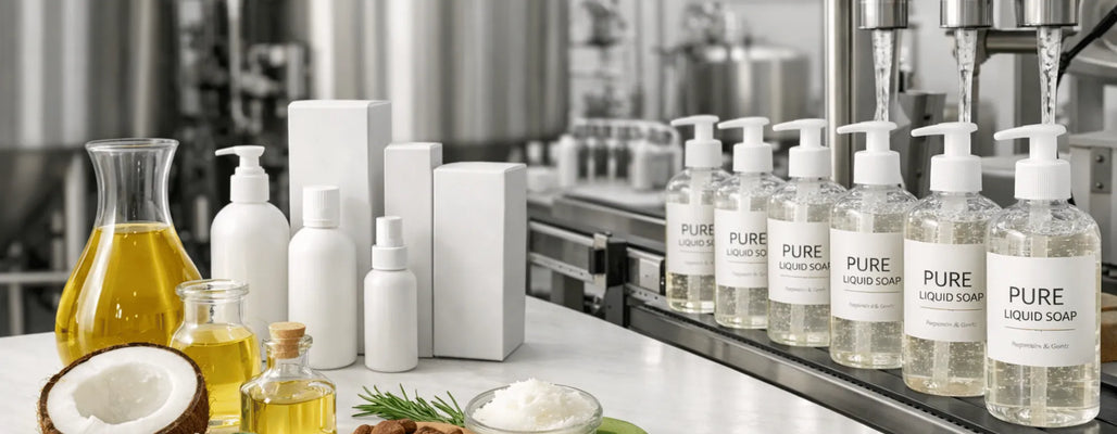 A behind-the-scenes look at private label liquid soap manufacturing, with natural oils and ingredients displayed next to packaging and bottles on the line