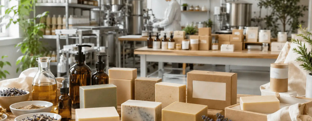 Natural soap bars, botanical ingredients, amber bottles, and packaging displayed in a clean private label soap production workspace.