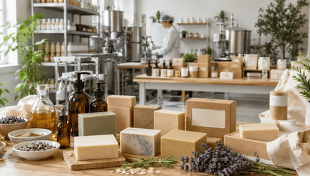 Natural soap bars, botanical ingredients, amber bottles, and packaging displayed in a clean private label soap production workspace.