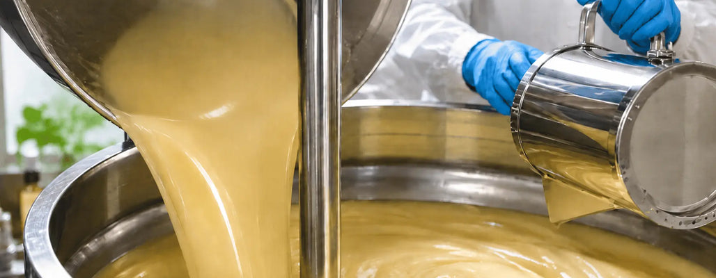 Close-up of soap batter being poured into a large stainless steel mixing vessel by workers wearing protective gloves and lab coats.