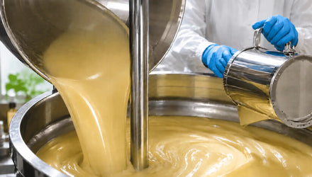 Close-up of soap batter being poured into a large stainless steel mixing vessel by workers wearing protective gloves and lab coats.