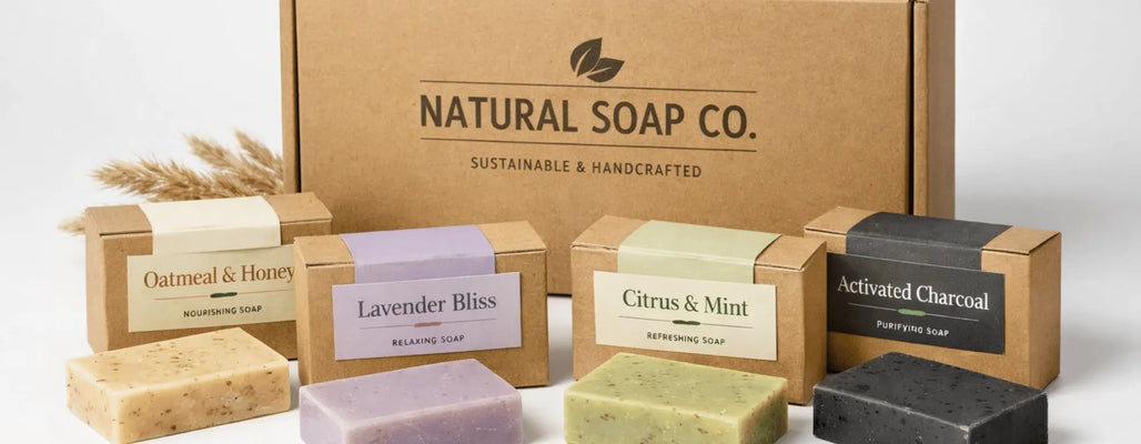 A lineup of different soap varieties in simple kraft boxes, highlighting sustainable soap packaging that feels minimal, natural, and brand-ready