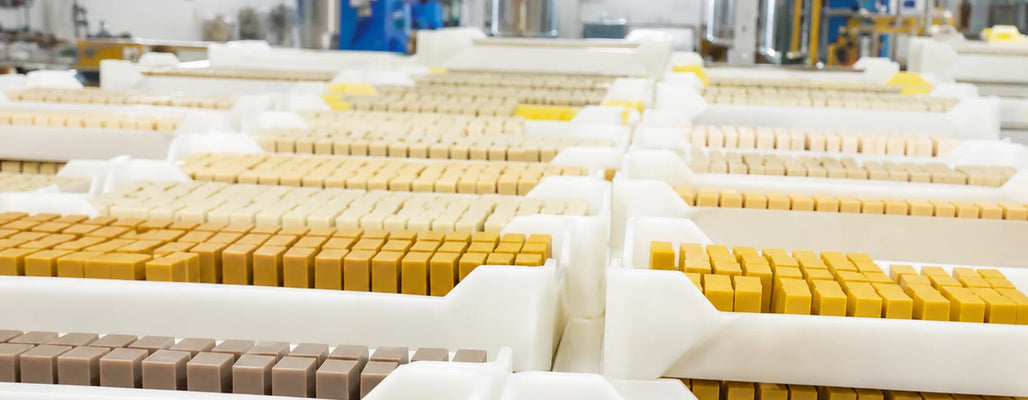 
            Rows of cold process soap bars curing in trays at a soap manufacturing facility.
          