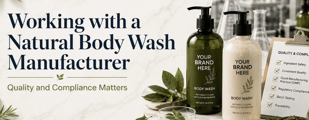 Botanie Soap banner featuring private label body wash bottles, lab equipment, botanical ingredients, and a quality compliance checklist.
