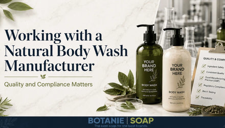 Botanie Soap banner featuring private label body wash bottles, lab equipment, botanical ingredients, and a quality compliance checklist.