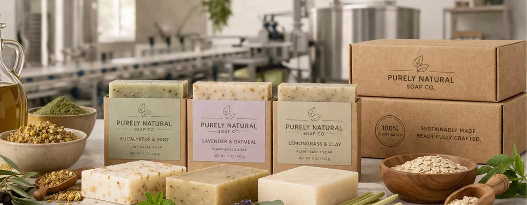Assorted plant-based soap bars in natural packaging displayed with herbs, oats, clay, mint, and botanical ingredients in front of a soap manufacturing facility.