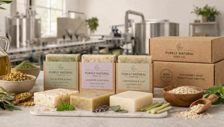Assorted plant-based soap bars in natural packaging displayed with herbs, oats, clay, mint, and botanical ingredients in front of a soap manufacturing facility.